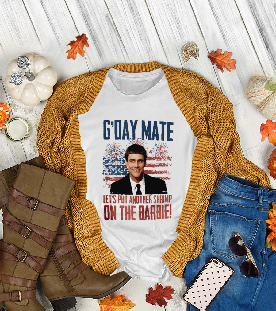G'Day Mate Let's Put Another Shrimp On The Barbie 4th Of July with Stars and Stripes Fireworks T-Shirt