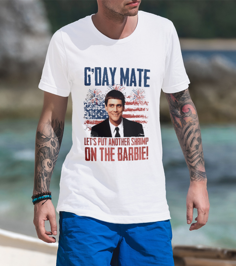 G'Day Mate Let's Put Another Shrimp On The Barbie 4th Of July With Stars And Stripes Fireworks T-Shirt