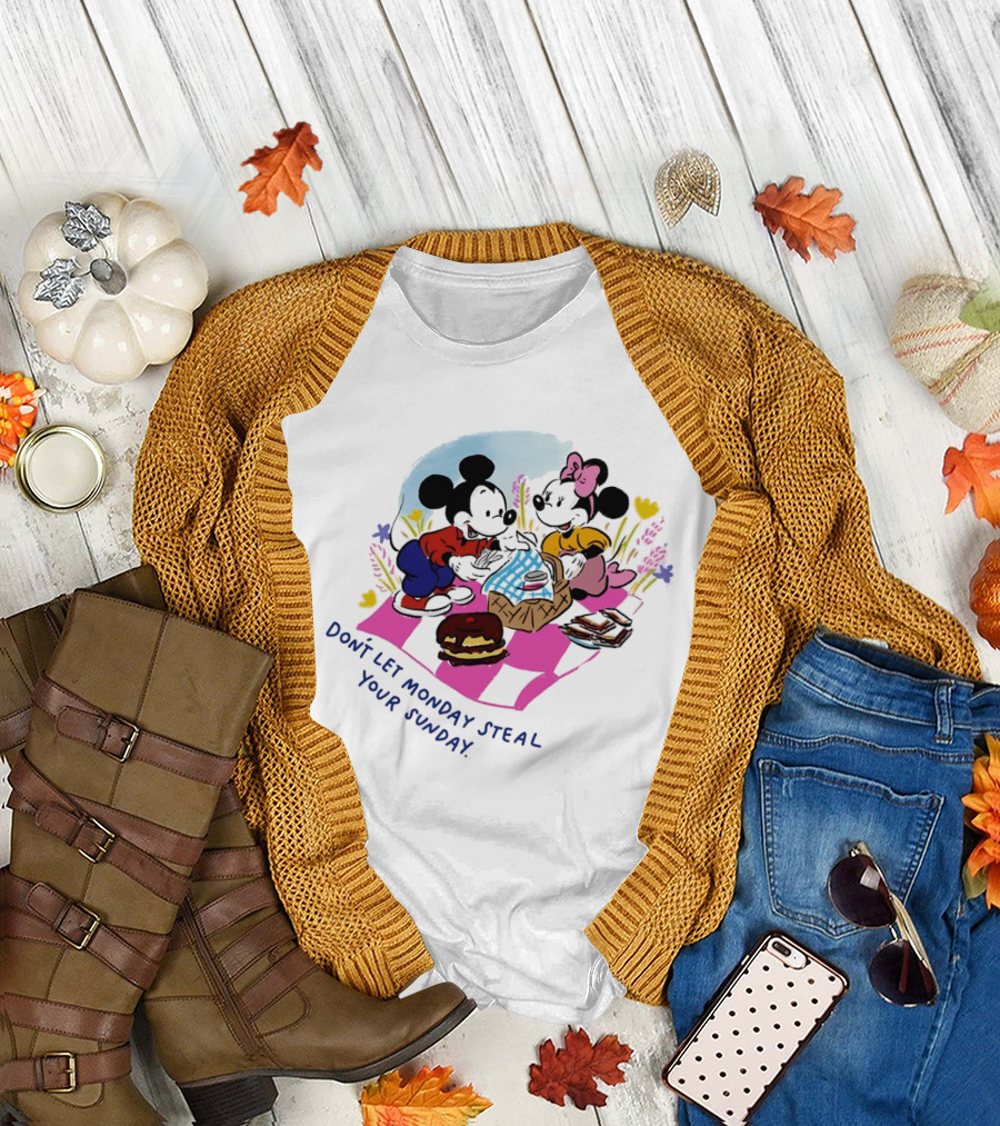 Mickey and Minnie Mouse Don't Let Monday Steal Your Sunday Picnic Fun T-Shirt