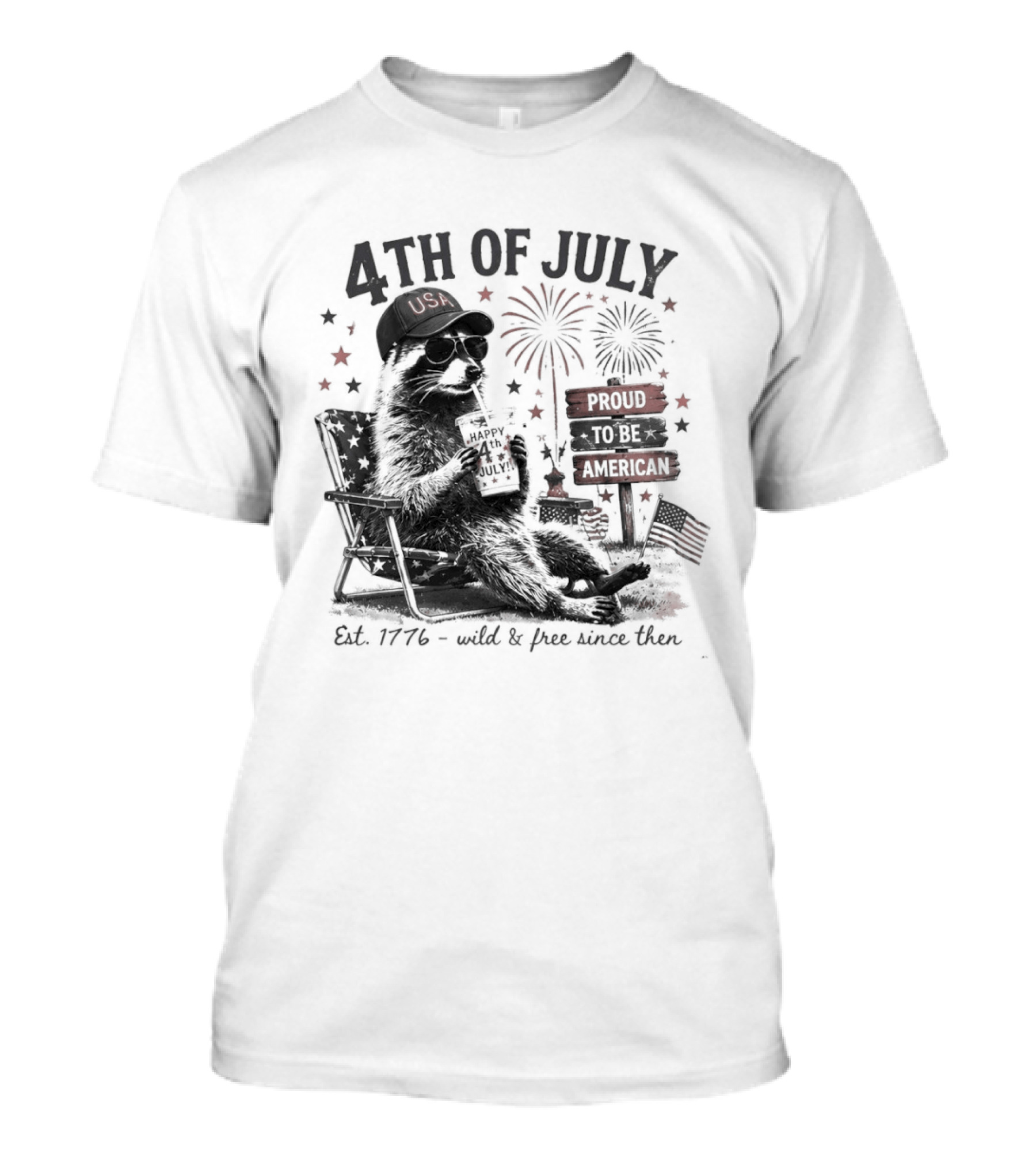 4th Of July Raccoon USA Hat Sunglasses Proud To Be American Est 1776 T-Shirt