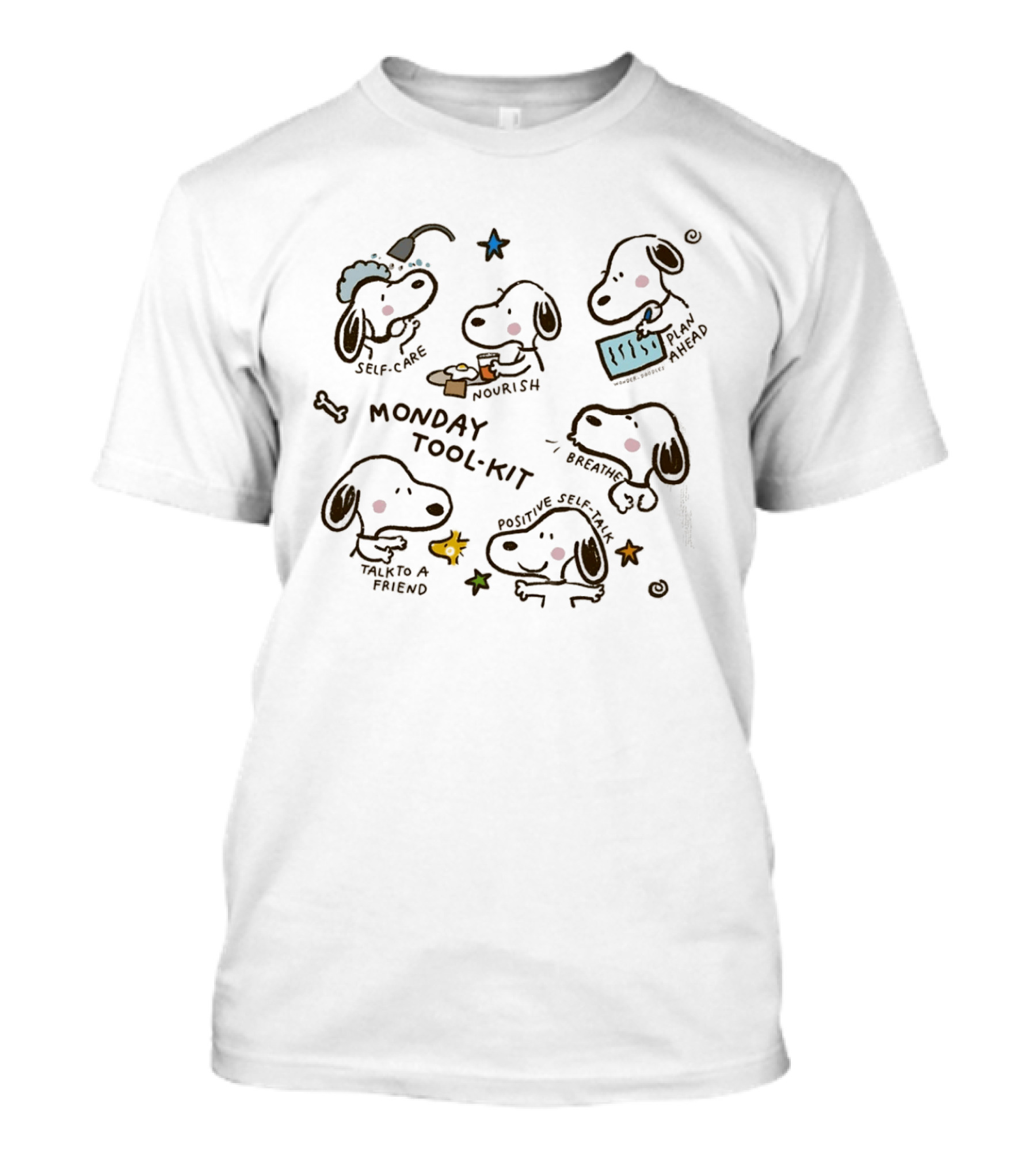 Snoopy Monday Tool Kit Self Care Nourish Relaxation Mental Health Positive Self Talk Plan Ahead T-Shirt