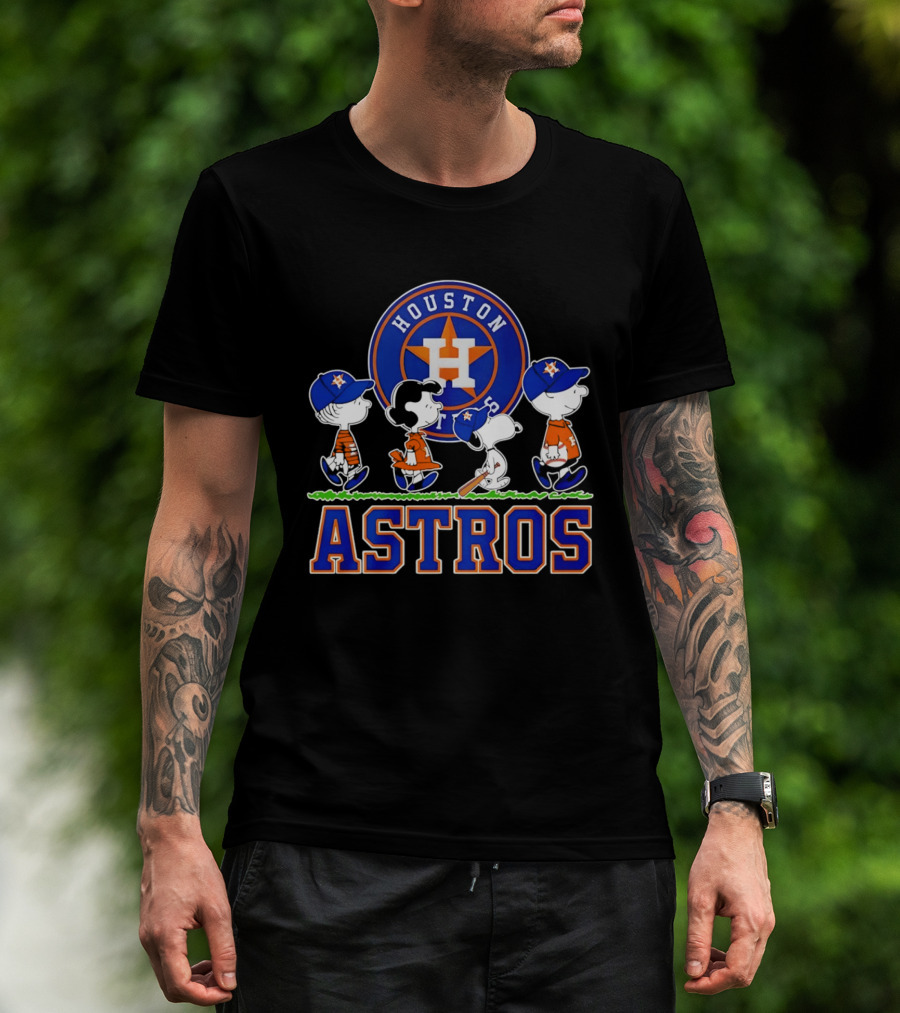 Houston Astros Peanuts Characters Snoopy Walking Baseball Team T-Shirt