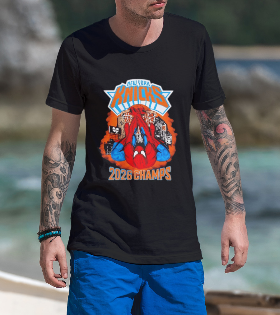 New York Knicks Spider Man 2026 Champs Basketball Celebration T-Shirt