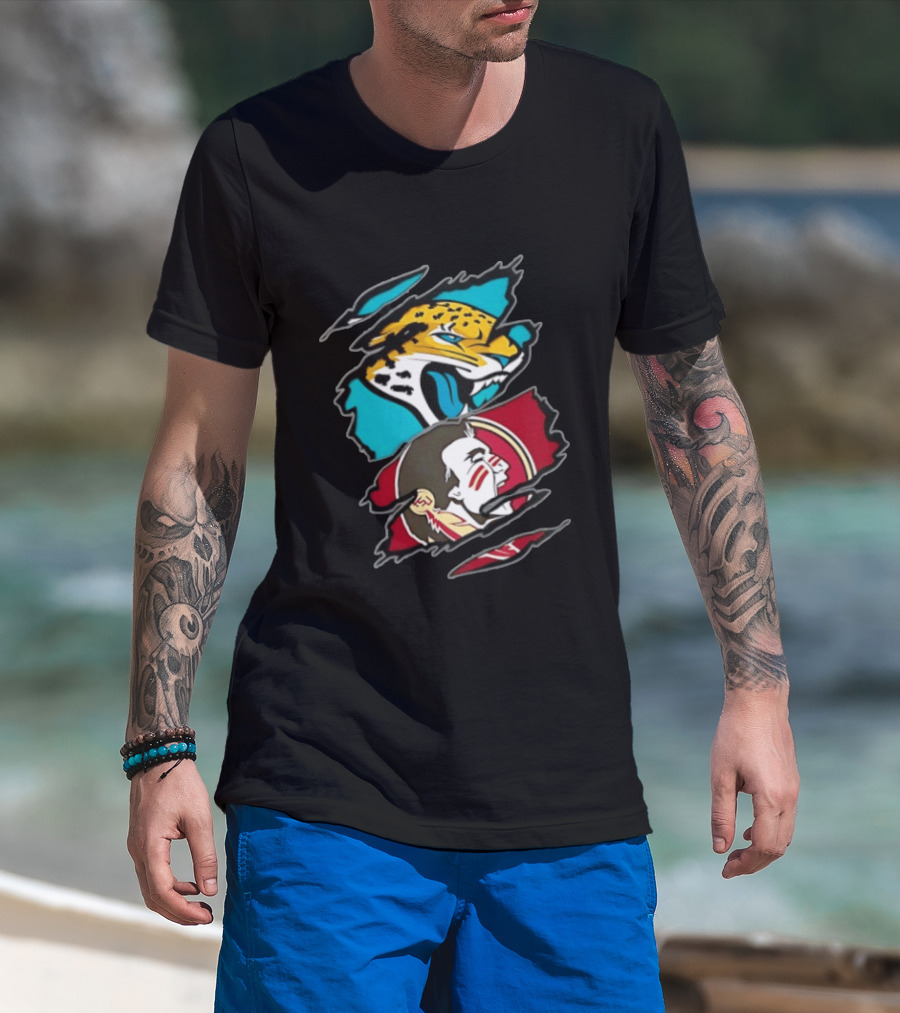 Jacksonville Jaguars Florida State Seminoles Two Teams One Heart Scratch T-Shirt
