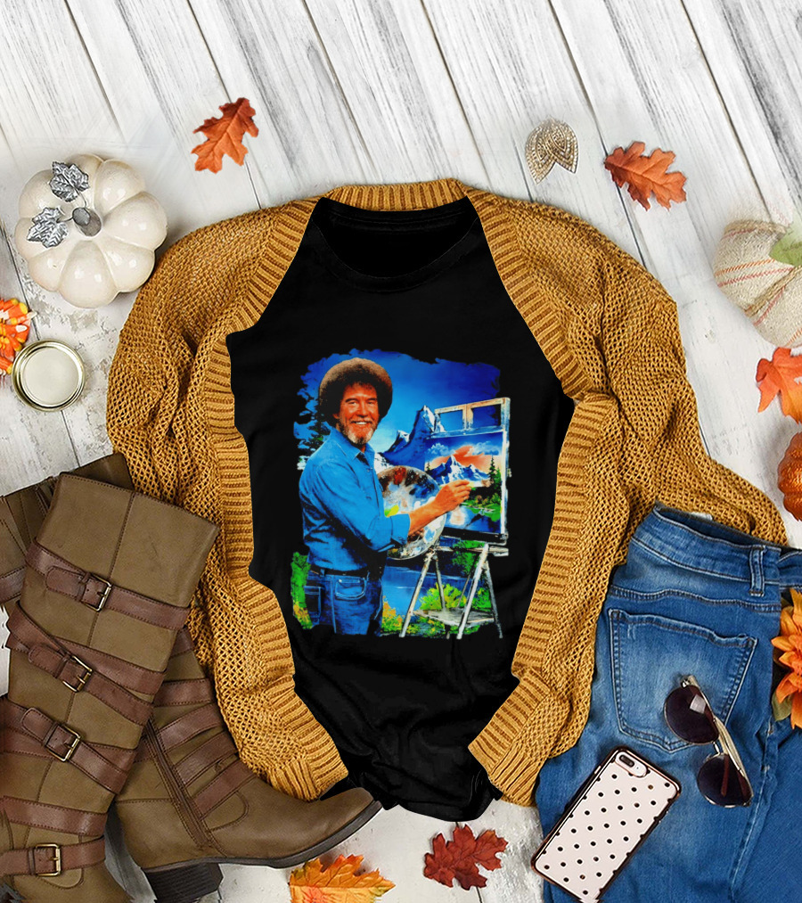 Bob Ross Painting Landscape Artist with Mountain Scene T-Shirt