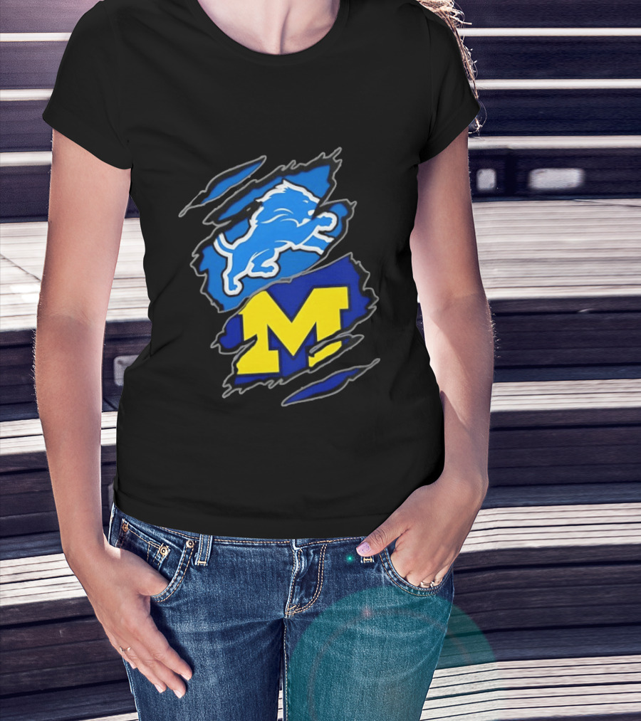 Detroit Lions Michigan Wolverines Two Teams One Heart Scratch T-Shirt
