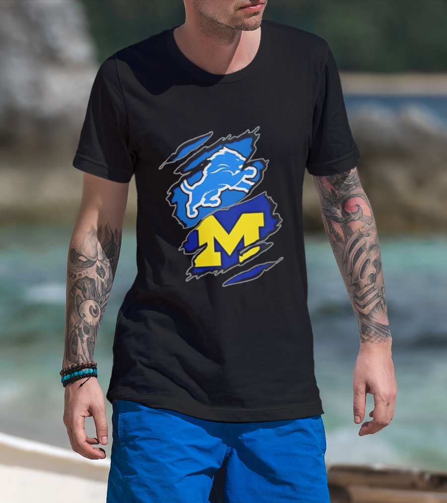 Detroit Lions Michigan Wolverines Two Teams One Heart Scratch T-Shirt