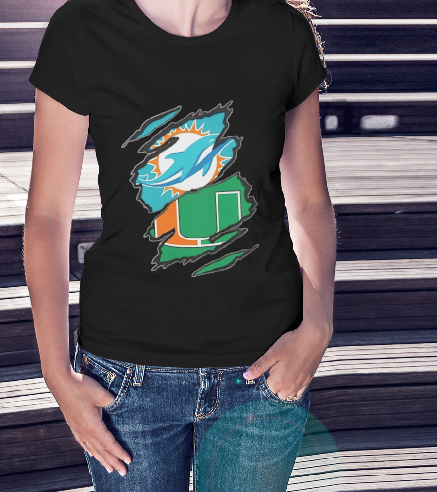 Miami Dolphins And Miami Hurricanes Two Teams One Heart Scratch T-Shirt