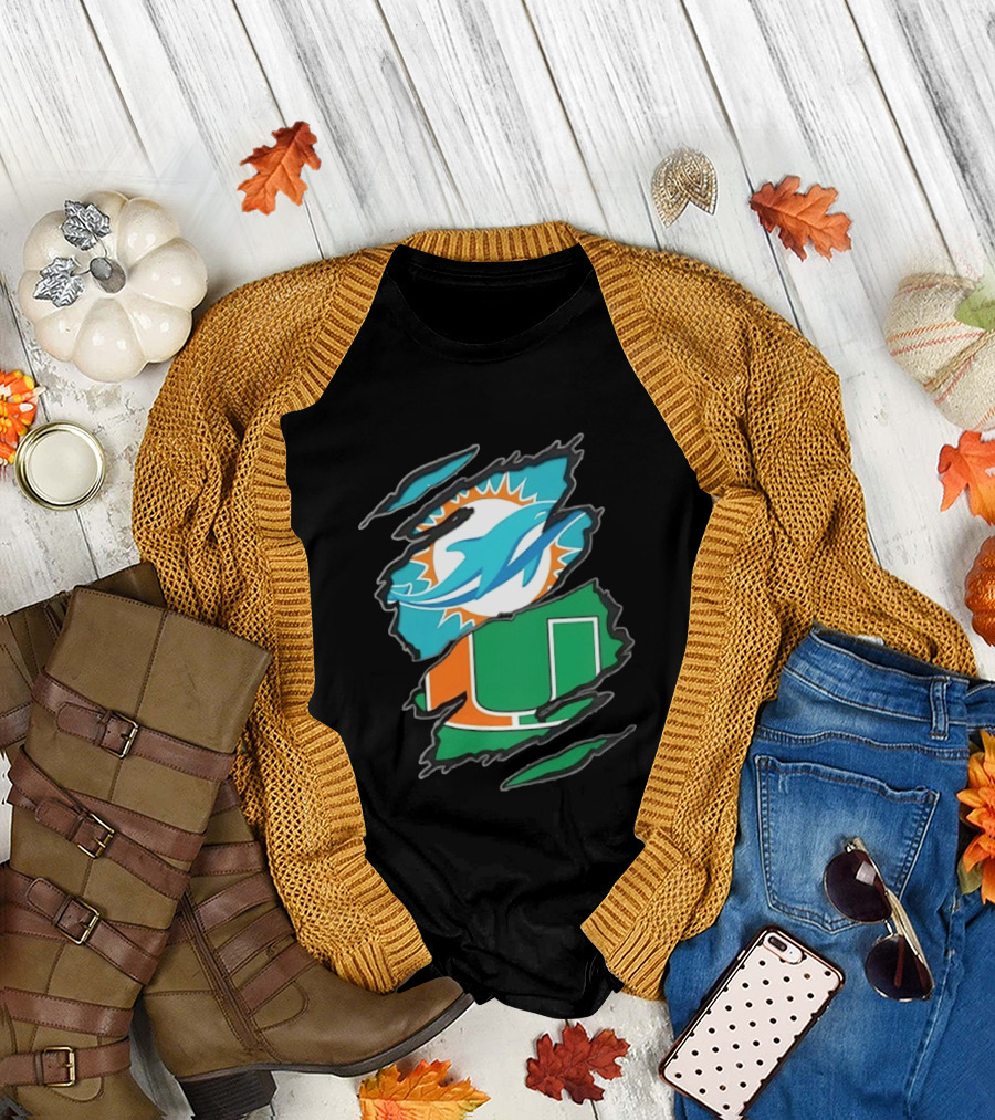 Miami Dolphins and Miami Hurricanes Two Teams One Heart Scratch T-Shirt