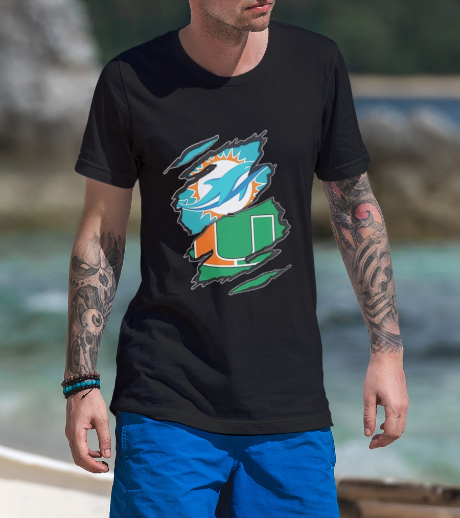 Miami Dolphins And Miami Hurricanes Two Teams One Heart Scratch T-Shirt