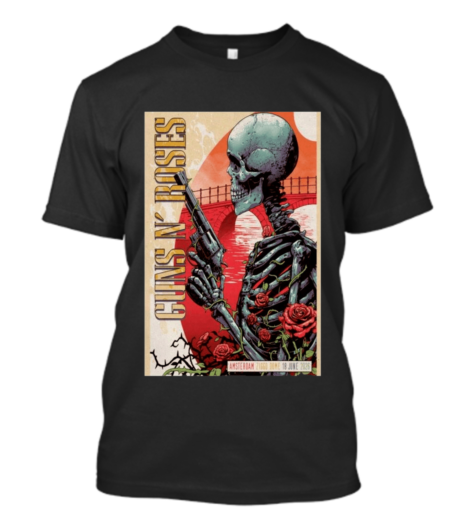 Guns N' Roses Amsterdam 18 June 2026 Ziggo Dome Skeleton With Gun And Roses T-Shirt