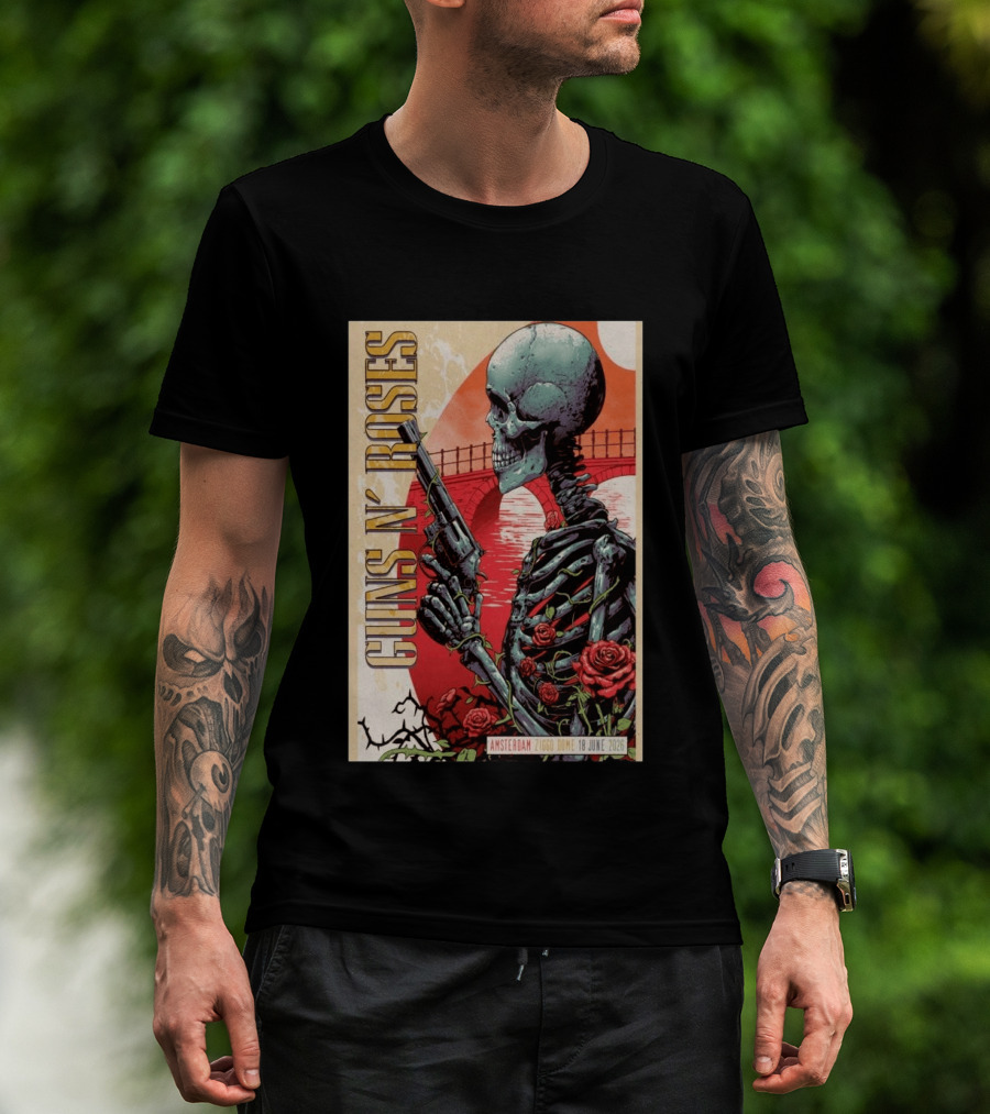 Guns N' Roses Amsterdam 18 June 2026 Ziggo Dome Skeleton With Gun And Roses T-Shirt
