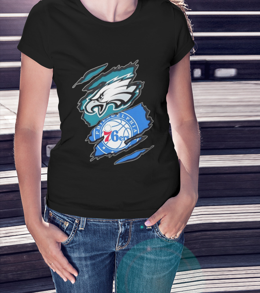 Philadelphia Eagles And Philadelphia 76ers Two Teams One Heart Scratch T-Shirt