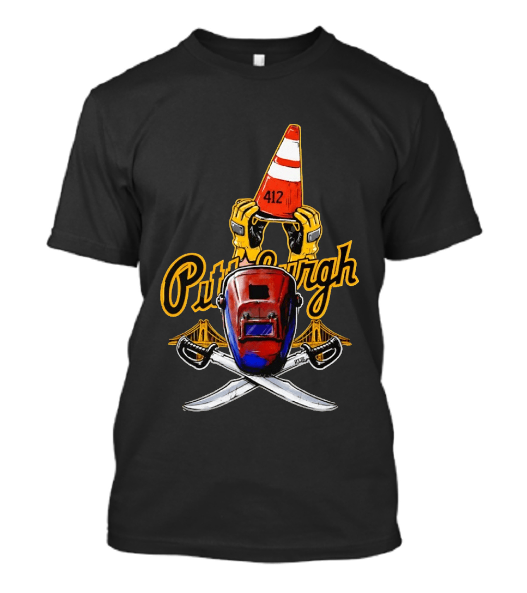 Pittsburgh 412 Welding Mask Construction Cone Crossed Swords Yellow Bridge T-Shirt