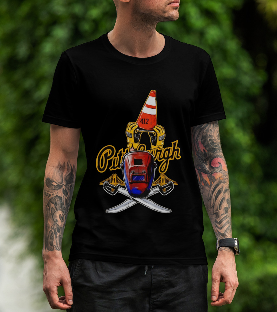 Pittsburgh 412 Welding Mask Construction Cone Crossed Swords Yellow Bridge T-Shirt