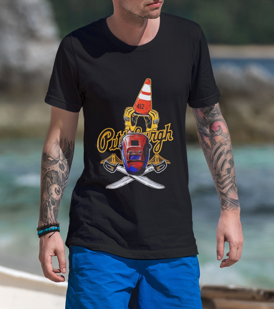 Pittsburgh 412 Welding Mask Construction Cone Crossed Swords Yellow Bridge T-Shirt