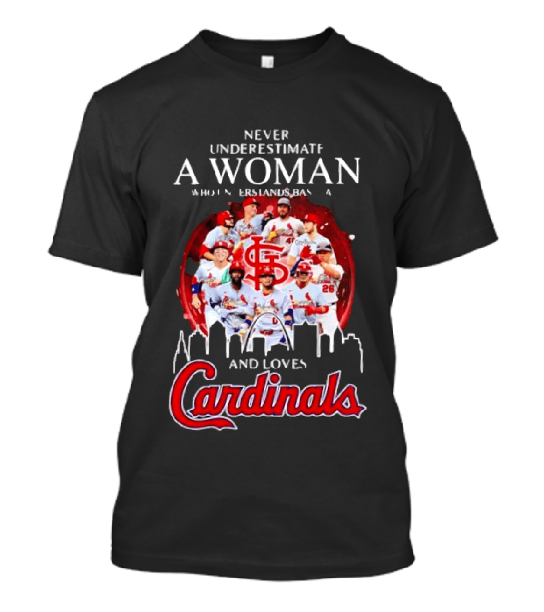 Never Underestimate A Woman Who Understands Baseball And Loves Cardinals Skyline T-Shirt