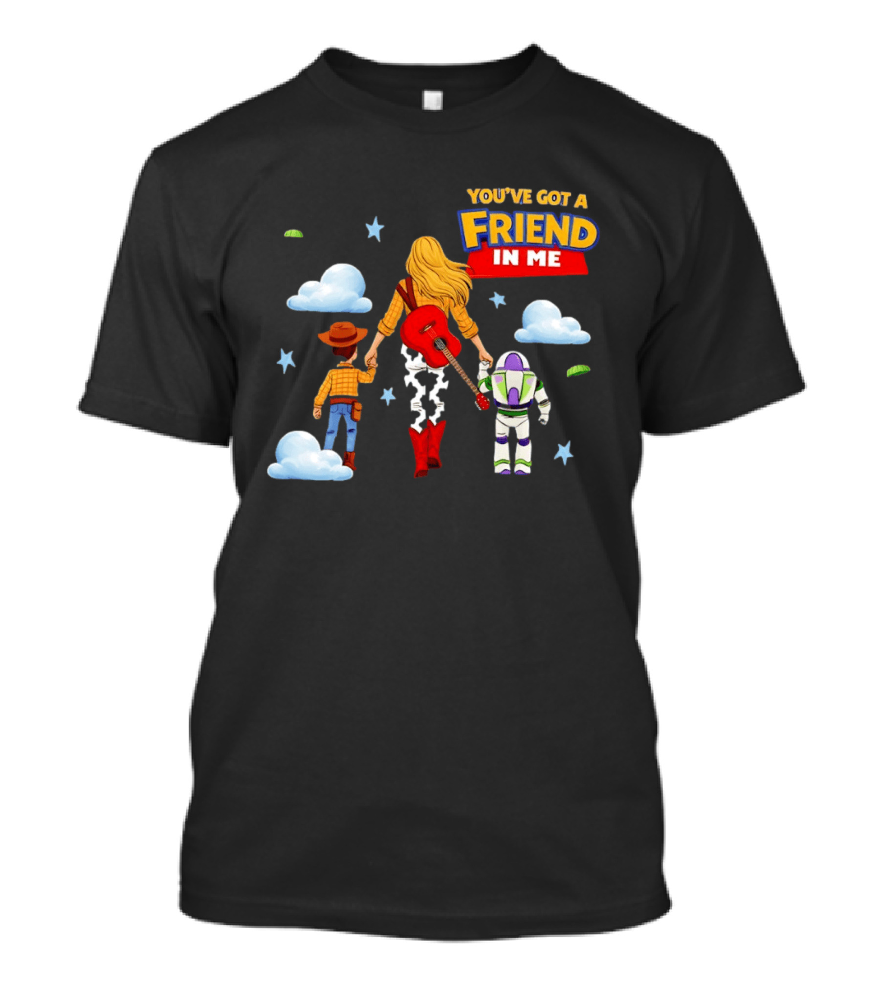 You've Got A Friend In Me Woody Buzz Lightyear Woman Walking With Clouds T-Shirt