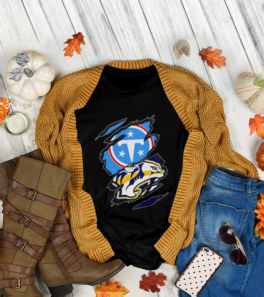Tennessee Titans Nashville Predators Two Teams One Heart Scratch T-Shirt