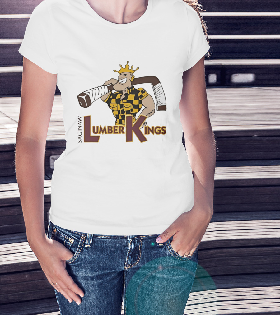 Saginaw Lumber Kings Hockey Team Logo Player With Crown And Hockey Stick T-Shirt