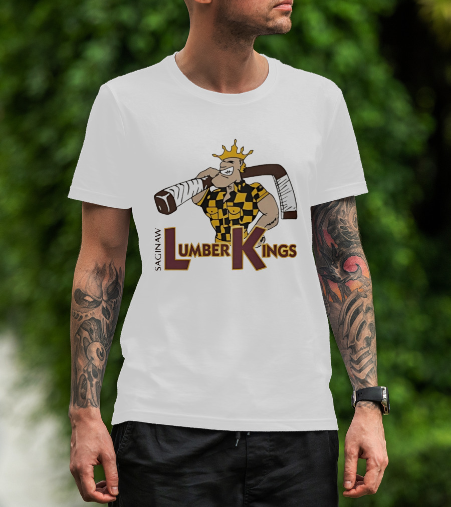 Saginaw Lumber Kings Hockey Team Logo Player With Crown And Hockey Stick T-Shirt