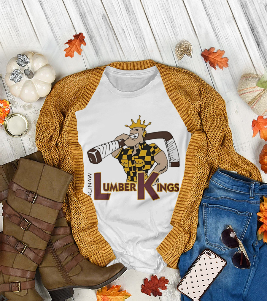 Saginaw Lumber Kings Hockey Team Logo Player with Crown and Hockey Stick T-Shirt