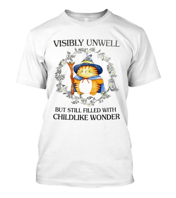 Visibly Unwell Cat With Childlike Wonder Wizard Hat And Cloak T-Shirt