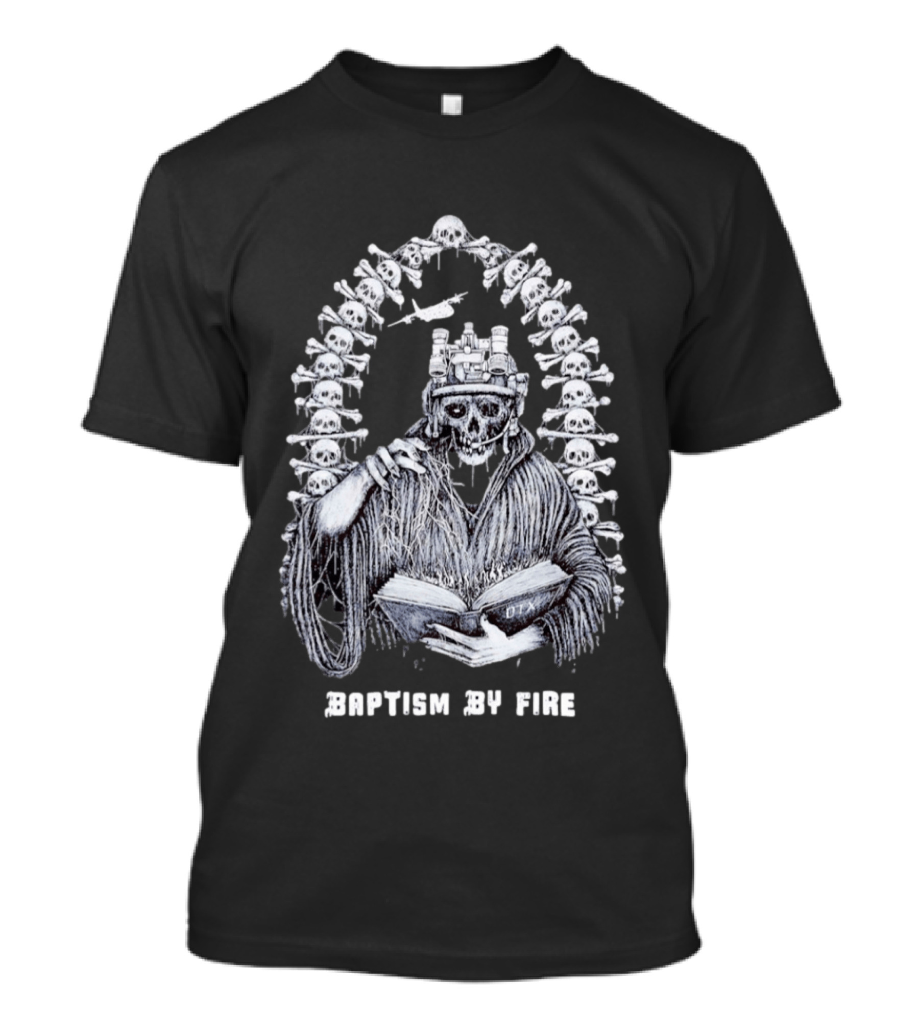 Baptism By Fire Skeleton Soldier Night Vision Goggles Book And Skulls T-Shirt