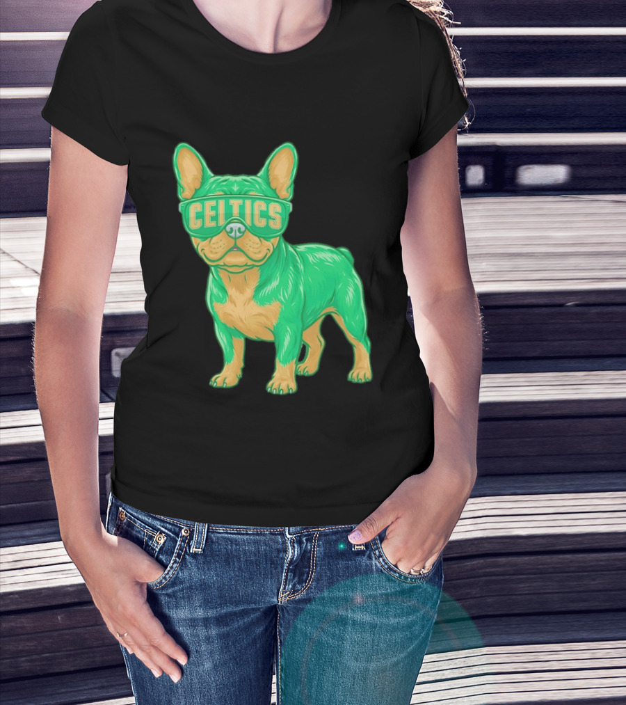Boston Celtics French Bulldog Wearing Celtics Glasses T-Shirt