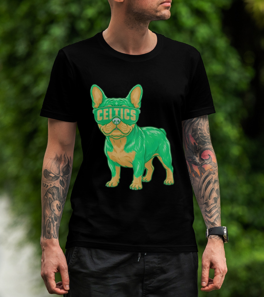 Boston Celtics French Bulldog Wearing Celtics Glasses T-Shirt