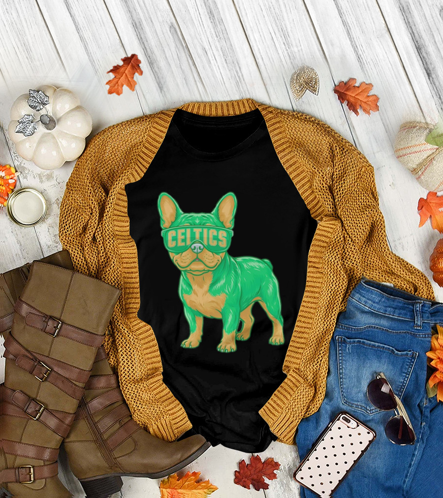 Boston Celtics French Bulldog Wearing Celtics Glasses T-Shirt