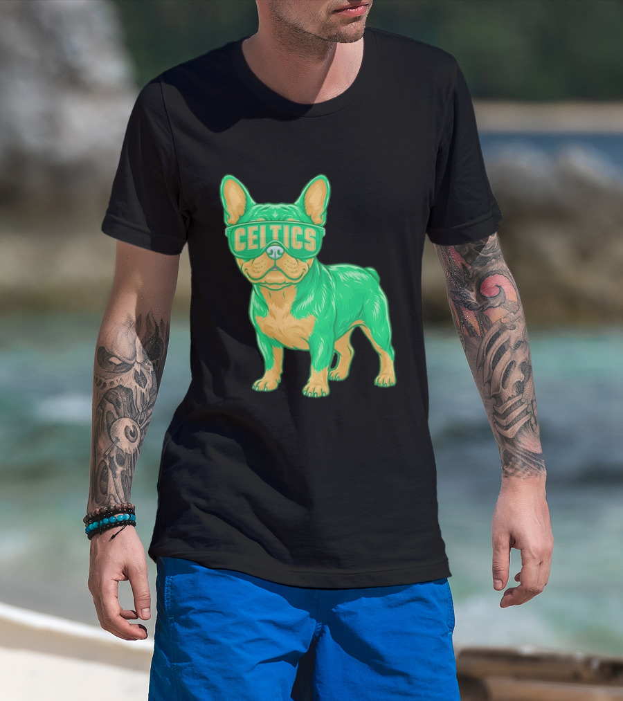 Boston Celtics French Bulldog Wearing Celtics Glasses T-Shirt