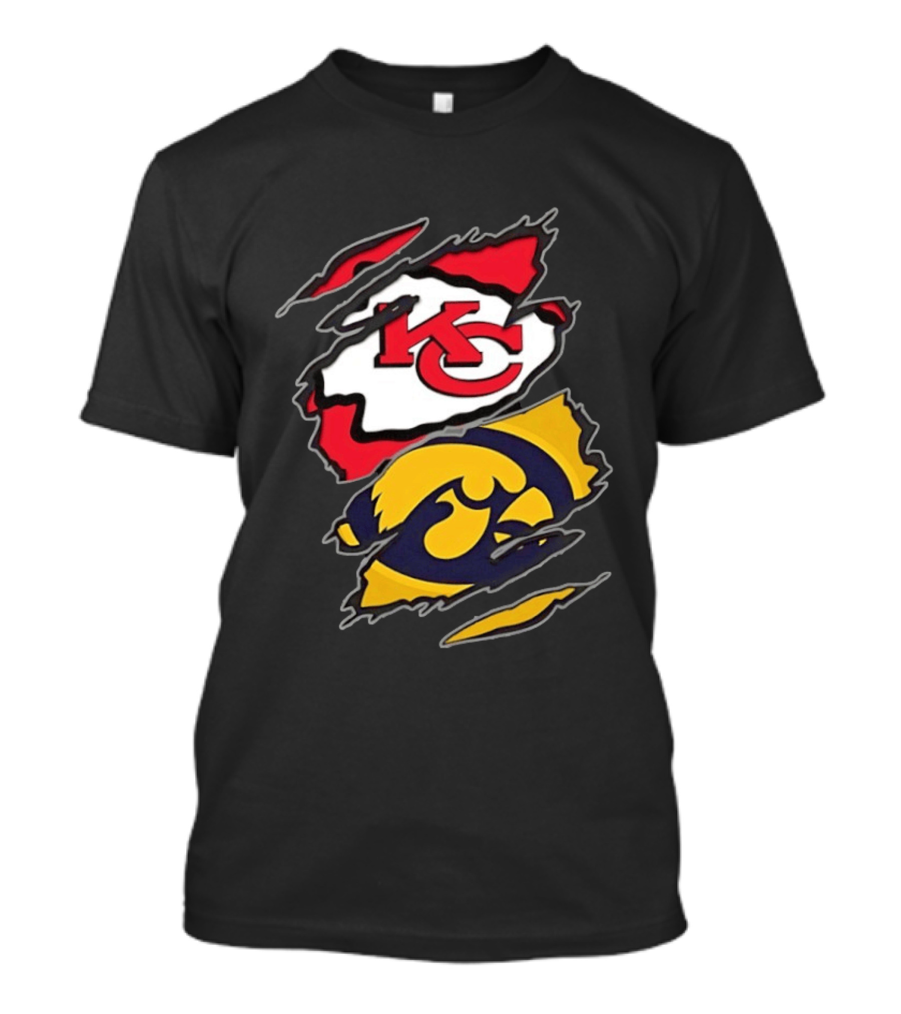 Kansas City Chiefs And Iowa Hawkeyes Two Teams One Heart Scratch KC Logo Iowa T-Shirt