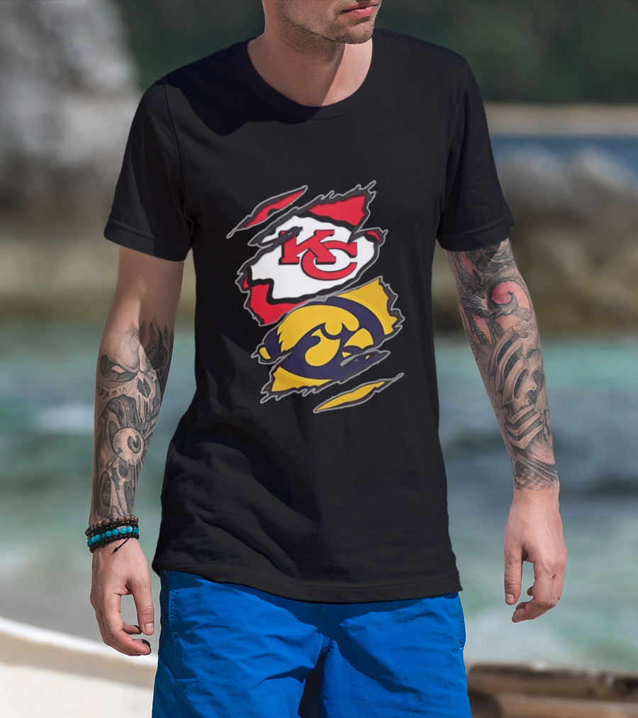 Kansas City Chiefs And Iowa Hawkeyes Two Teams One Heart Scratch KC Logo Iowa T-Shirt