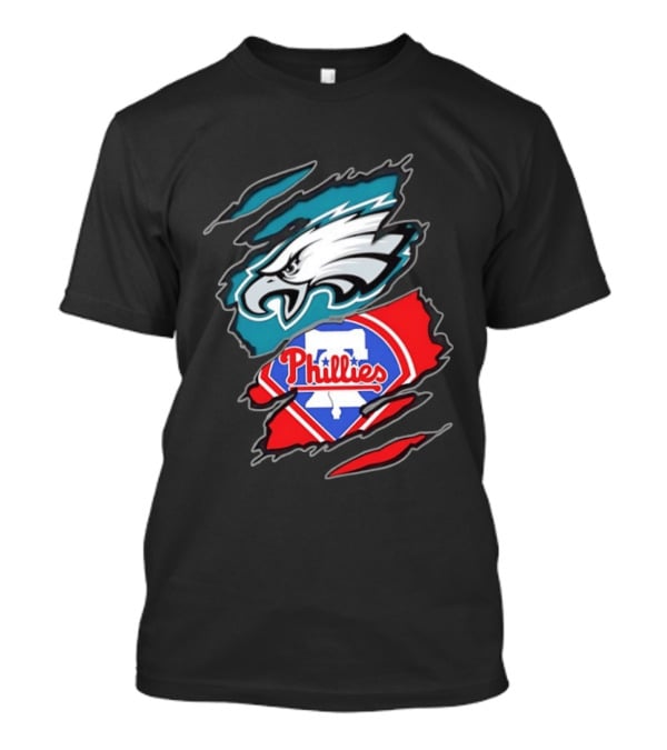 Philadelphia Eagles And Philadelphia Phillies Two Teams One Heart Scratch Logo Fusion T-Shirt