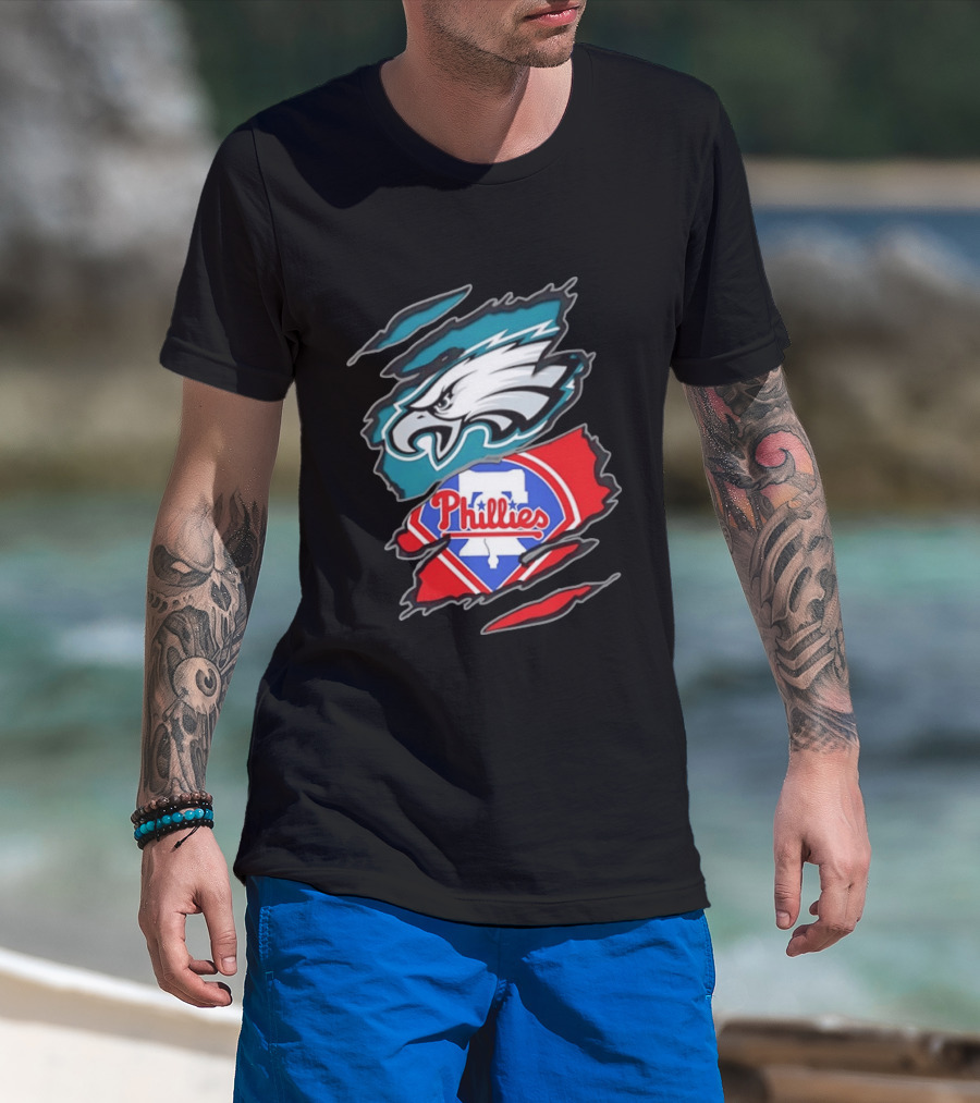 Philadelphia Eagles And Philadelphia Phillies Two Teams One Heart Scratch Logo Fusion T-Shirt