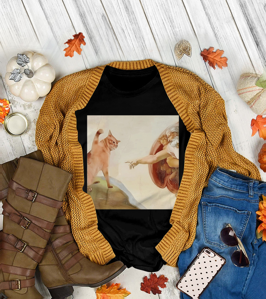 Floppa Meets Creation In Iconic God Touching Fingers Scene T-Shirt