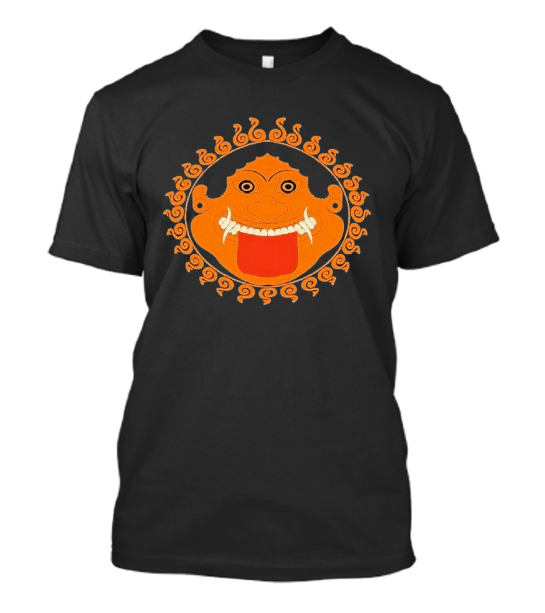 Medusa Gorgon Greek Mythology Monstrous Mask Icon With Orange Spirals T-Shirt