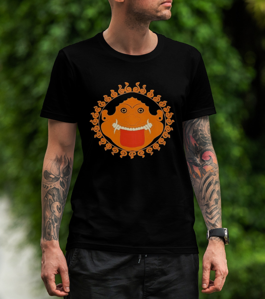 Medusa Gorgon Greek Mythology Monstrous Mask Icon With Orange Spirals T-Shirt