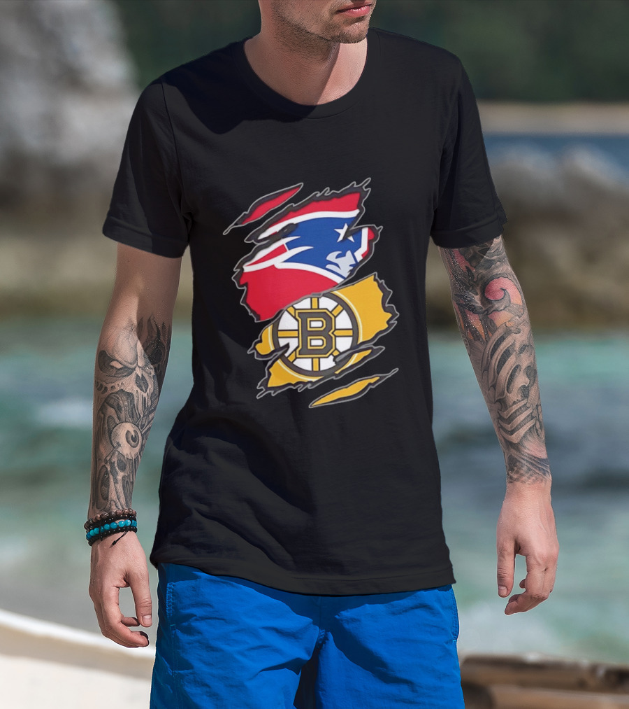 New England Patriots Boston Bruins Two Teams One Heart Scratch NFL NHL Fan T-Shirt