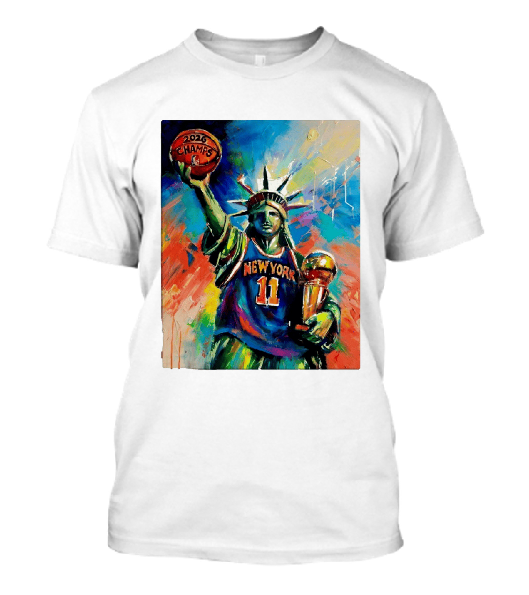 New York Knicks 11 Statue Of Liberty 2026 Champs Trophy Basketball T-Shirt