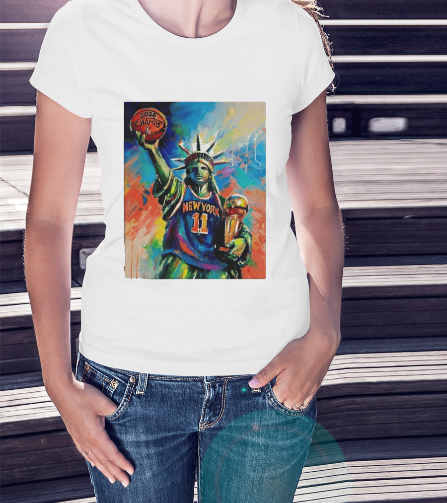 New York Knicks 11 Statue Of Liberty 2026 Champs Trophy Basketball T-Shirt