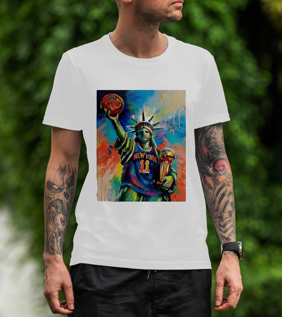 New York Knicks 11 Statue Of Liberty 2026 Champs Trophy Basketball T-Shirt