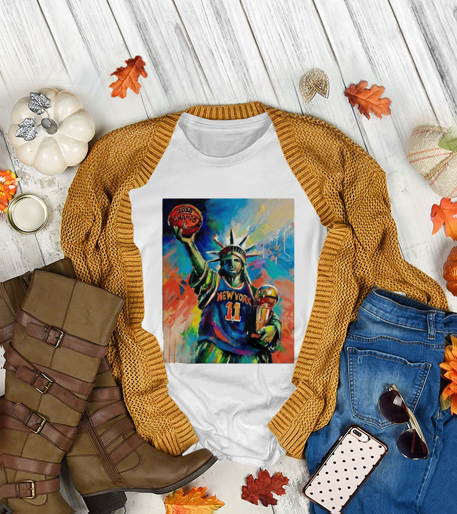 New York Knicks 11 Statue of Liberty 2026 Champs Trophy Basketball T-Shirt