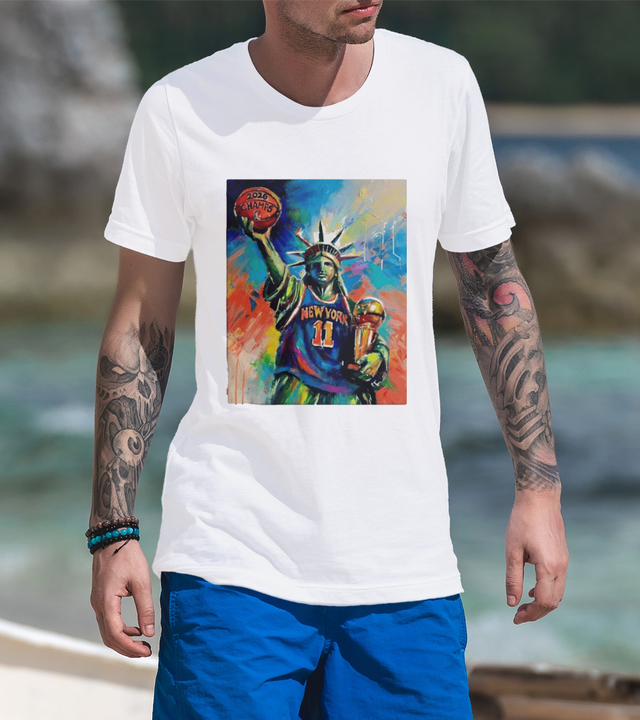 New York Knicks 11 Statue Of Liberty 2026 Champs Trophy Basketball T-Shirt