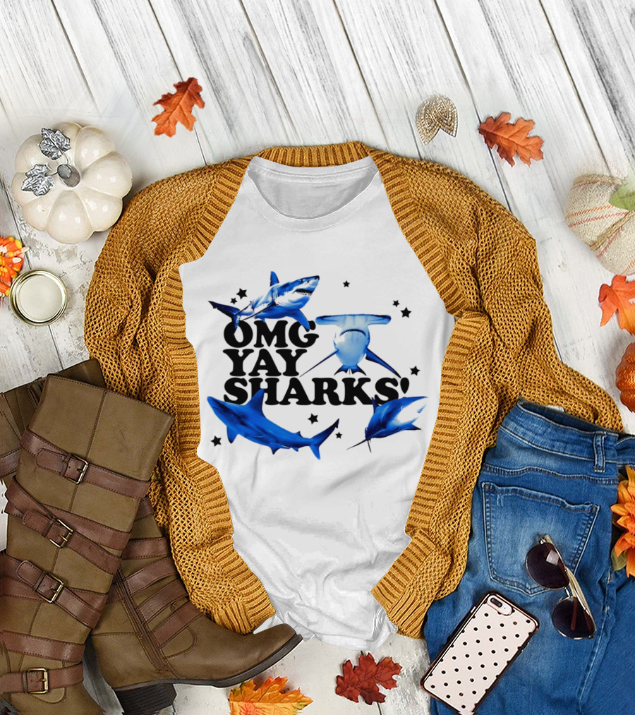 OMG Yay Sharks Ocean Life Marine Biology with Blue Shark Images T-Shirt