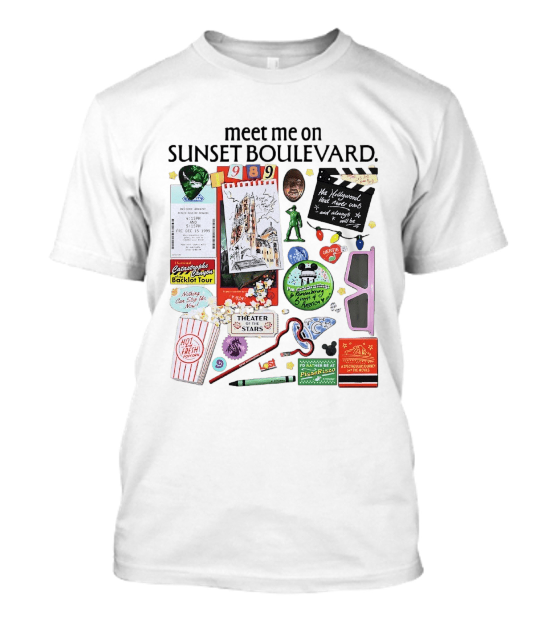 Meet Me On Sunset Boulevard Hollywood Tower Of Terror Theater Of The Stars Pizza Rizzo 3D Glasses Collage T-Shirt
