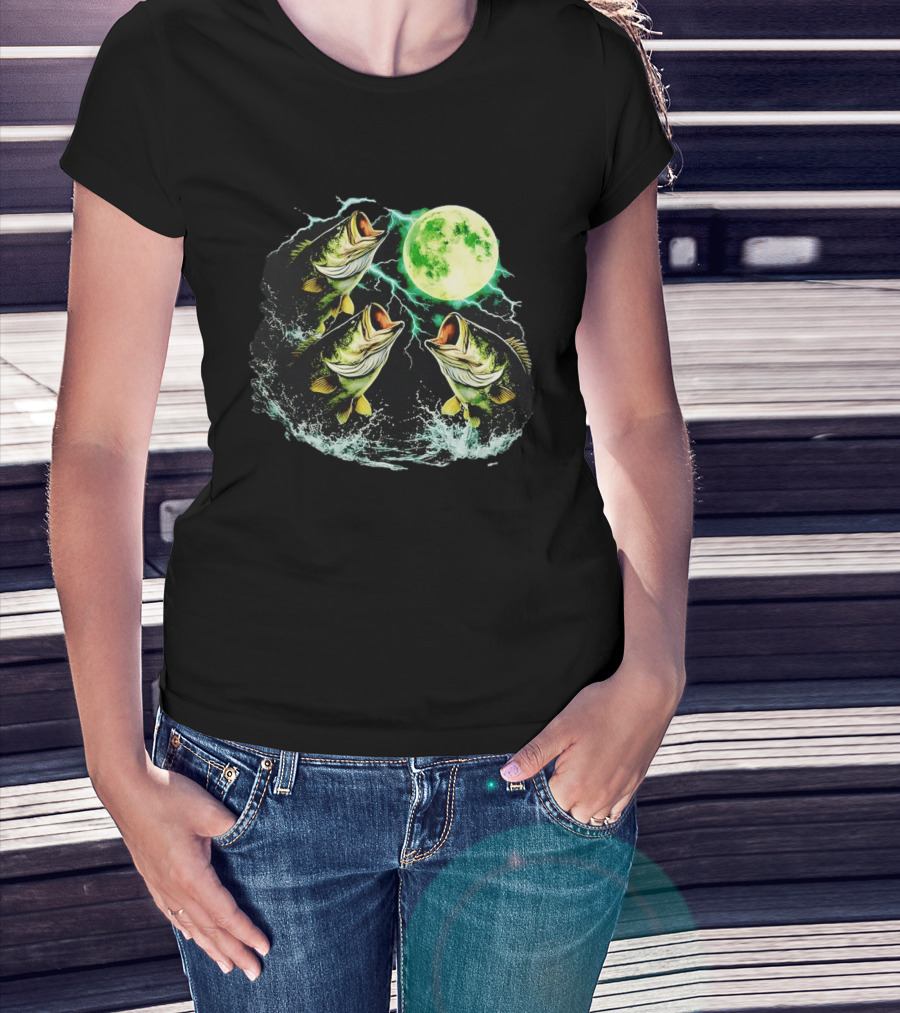 Bass Jumping Full Moon Night Wildlife Nature Scene T-Shirt
