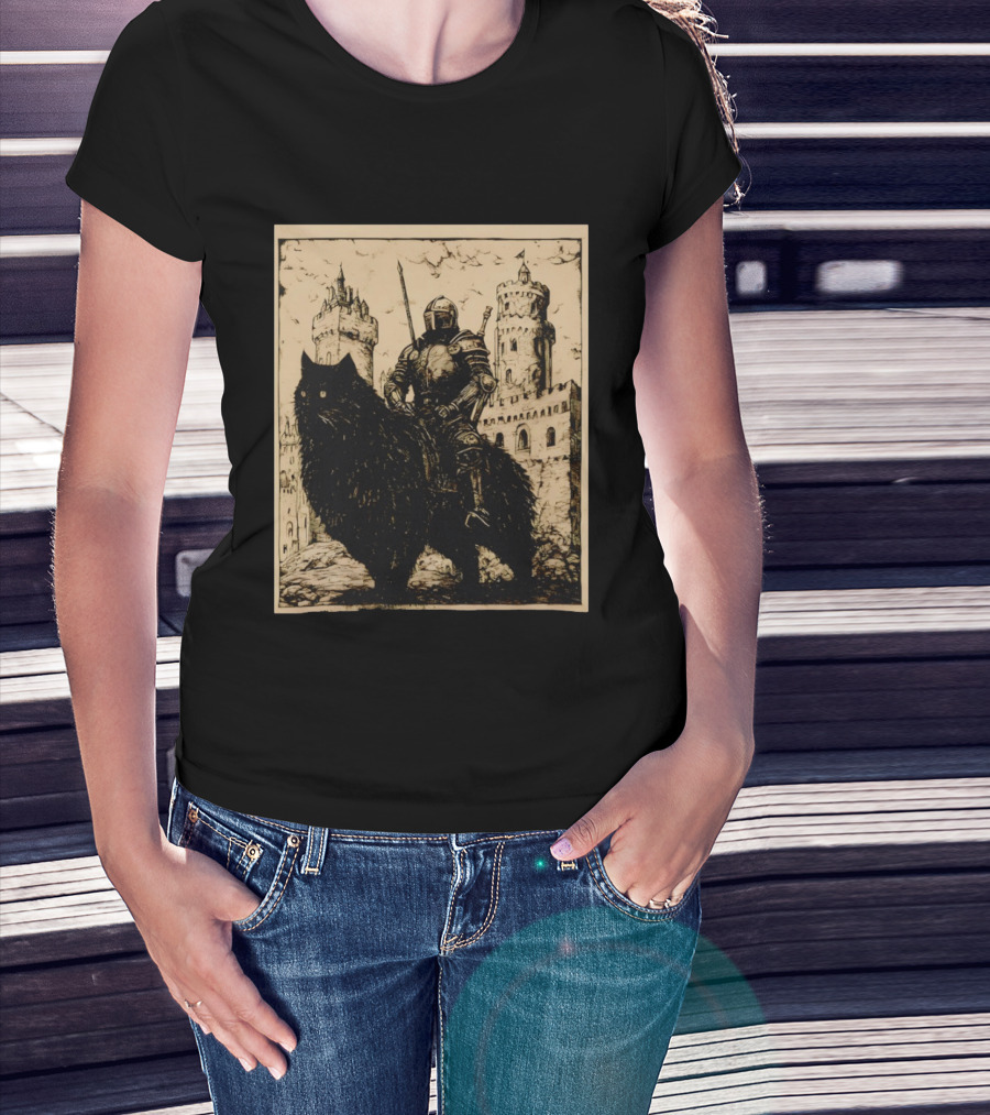 Knight Riding Giant Cat In Medieval Fantasy Castle Scene T-Shirt