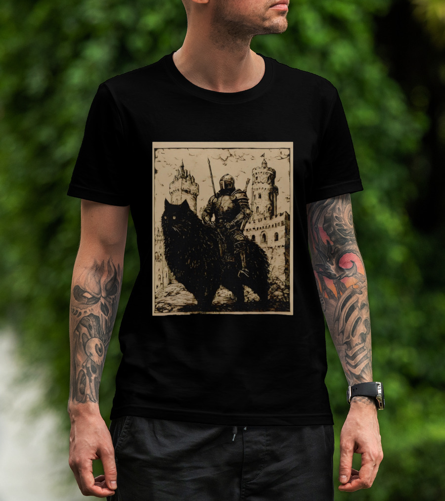 Knight Riding Giant Cat In Medieval Fantasy Castle Scene T-Shirt